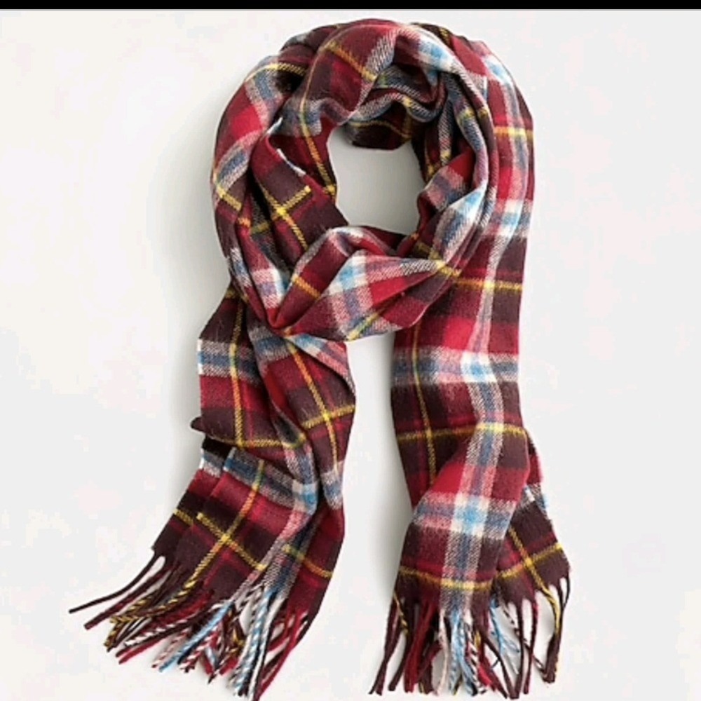 J.Crew‎ Abraham Moon Plaid Scarf Burgundy Merino Wool Fringe Preppy British